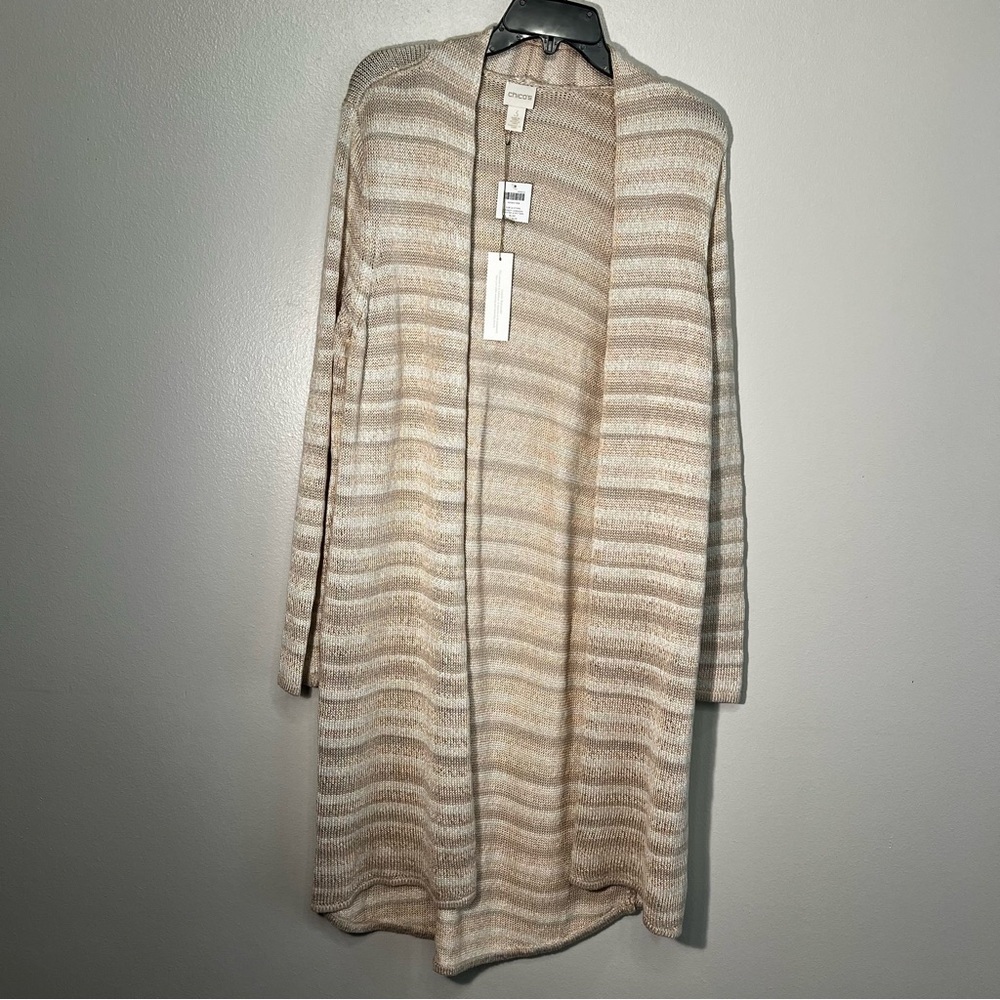 Chicos Metallic Cream Tan Neutral Striped Open Holiday Cardigan Sweater